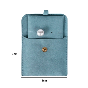 Teal microfiber jewelry pouch with snap button and 7x8cm dimensions detail view