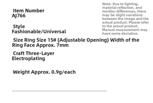 Detailed size specifications for adjustable enamel ring including width, weight and craft
