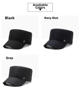 Detailed view of casual flat top army caps in black, navy blue and grey with metal logos