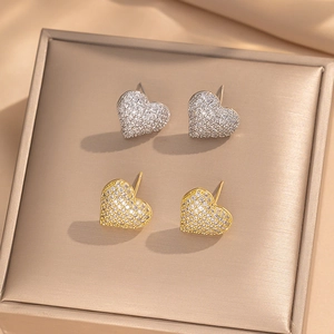 Heart Stud Earrings Copper 18K Gold Plated Cubic Zirconia Paved Hip Hop Style For Women Fashion Jewelry