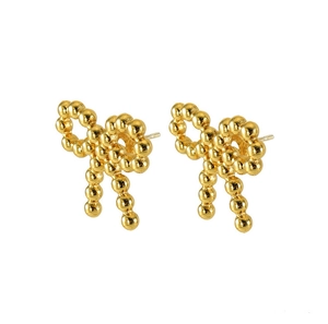 Detail of 18k gold plated stainless steel stud earrings with beaded bow design