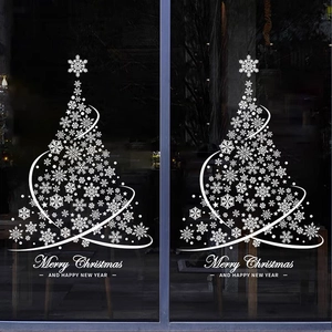 Detailed white Christmas tree window decals with snowflakes and New Year greetings