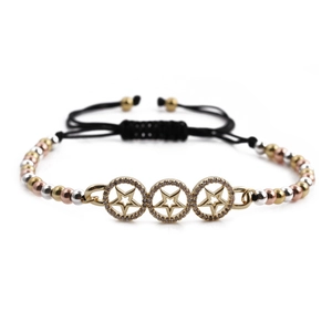 Adjustable woven bracelet with gold-plated star charms and mixed metallic beads on black cord