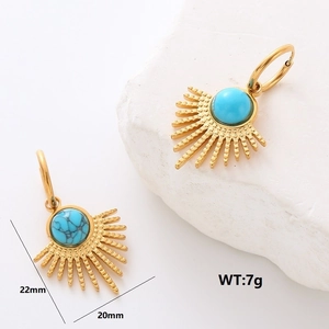 Macro view of gold stainless steel turquoise earrings showing 22mm by 20mm dimensions