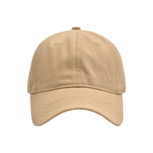 Detailed view of khaki cotton twill fabric and six-panel stitching on the baseball cap