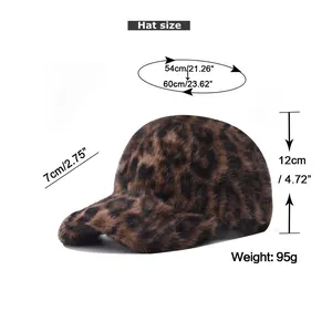 Detailed size chart for leopard print faux fox fur baseball cap with dimensions