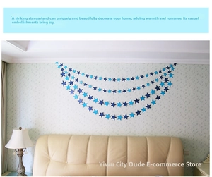 Detail of blue gradient star paper garlands hanging in a 4-layer curved festive display