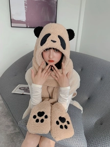 3-in-1 winter hooded panda scarf and gloves set in soft beige faux lamb wool fabric