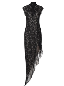 Detail of black floral lace fabric with mesh stitching and asymmetric hem on dress