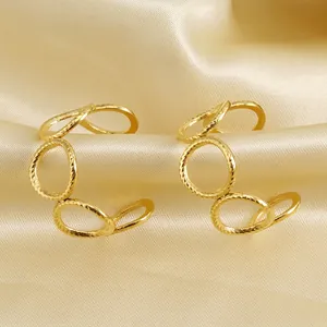 Vintage 18K Gold Plated Stainless Steel Hoop Earrings For Women Geometric Textured Interlocking C-Shaped Retro Jewelry