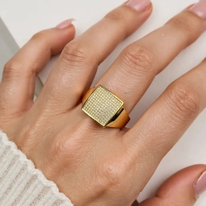 Iced out square signet ring with micro-pave white crystals in 18K gold plated finish
