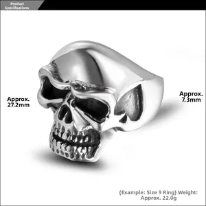 Macro shot showing dimensions of 27.2mm for the polished silver skull ring for men
