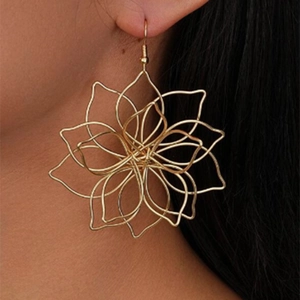 Fashionable gold multilayer flower petal drop earrings with woven metal wire design