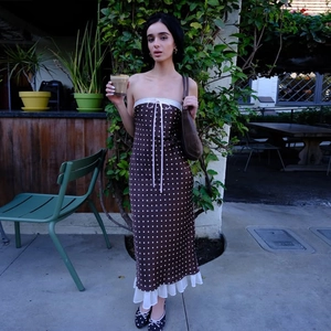 French brown polka dot satin midi dress with backless design and drawstring chest detail