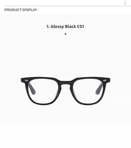 Detail view of the shiny black square glasses frame with elegant silver rivet accents