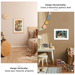 Detailed comparison of kids art frames hanging horizontally and vertically on a wall