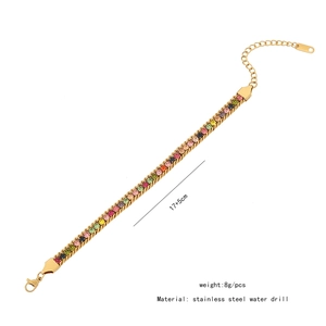 Detailed specs of gold stainless steel bracelet with colored square rhinestones and lobster clasp