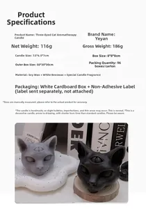 Detailed macro view showing three-eyed cat candle dimensions and soy wax material info