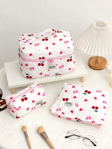 Quilted Cotton Cosmetic Toiletry Bags Large Capacity Cherry Bow Heart Print Makeup Organizer Handheld Case Travel Sweet