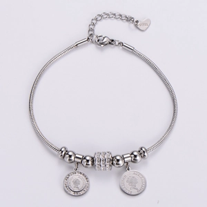 Silver stainless steel snake chain bracelet with Queen Elizabeth coin charms and crystals