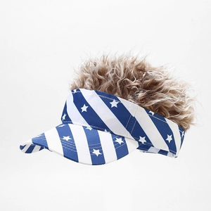 Detail of creative visor hat featuring US flag stars and stripes with curly brown hair