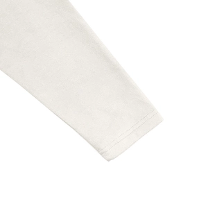 Close-up of cream white men's long sleeve T-shirt featuring durable double-stitched cuffs