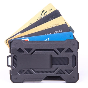 Slim carbon fiber RFID wallet with metal money clip and multi-card storage detail