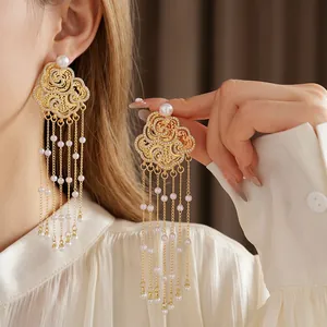 Elegant gold flower tassel earrings with pearls and crystals in vintage Chinese style