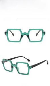 Detail view of green square frame reading glasses showing front and side perspectives
