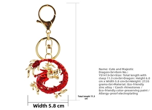 Detailed size specifications and weight for the gold dragon keychain with red rhinestones