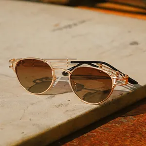 Steampunk gold metal polarized sunglasses with brown gradient lenses on stone