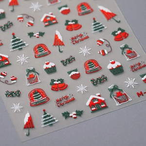 3D embossed Christmas nail stickers featuring festive trees and red snow house patterns