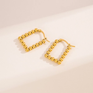 Polished gold stainless steel beaded rectangular hoop earrings for a modern trendy look