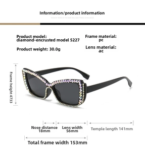 Detailed size chart for cat-eye sunglasses with rhinestone frames and PC material