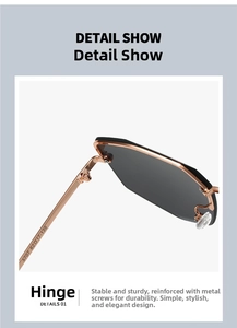 Close-up of rose gold metal hinges and model parameters on rimless sunglasses