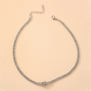 Double Row Rhinestone Choker Necklace For Women Sparkly Knot Design Alloy Clavicle Chain Adjustable Party Jewelry Accessory