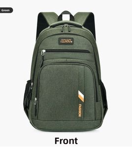Front view of a dark green business backpack with functional pockets and FASHION lettering