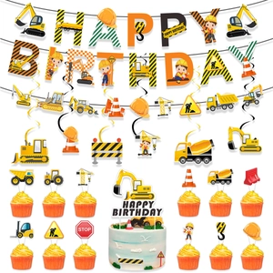 Construction Excavator Birthday Party Decoration Banner Cake Toppers Hanging Swirls Paper Yellow Black Truck Theme