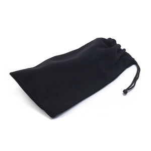 Black microfiber drawstring storage pouch for eyewear and accessories on white background