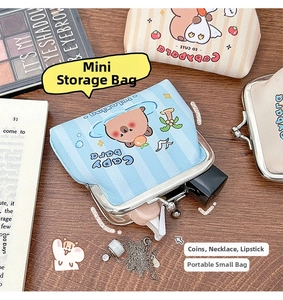 Flat lay of Capybara coin purse with metal clasp on wooden desk with accessories