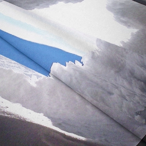 Detailed close-up of soft bohemian tapestry fabric with realistic mountain landscape print
