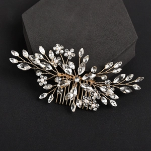 Handmade bridal hair comb with gold wires, crystal rhinestones and pearls for weddings