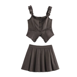 Completi Da Donna Gilet Con Volant E Gonna A Pieghe Grigio Scuro Poliestere Senza Maniche Stile Preppy Dolce