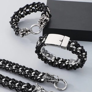 Men's braided leather bracelet with vintage tiger and dragon steel charms set
