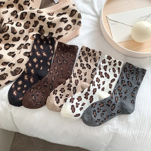 Leopard Print Socks Combed Cotton Breathable Seamless Toe Mid Calf Ankle Crew Trendy Animal Pattern For Women