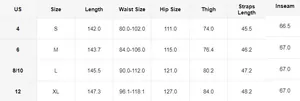 Size chart for maternity corduroy overalls with detailed US sizing and measurements