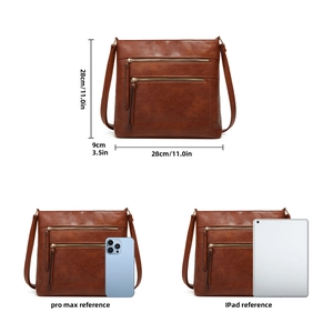 Brown vintage faux leather tote bag showing size dimensions and internal capacity for iPad