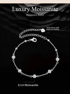 Detail of S925 sterling silver bracelet showing 0.1ct moissanite stones and S925 heart tag