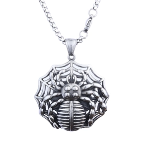 Gothic silver spider and web pendant necklace in polished stainless steel for men