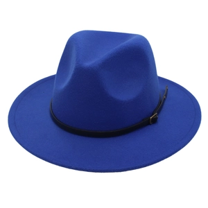 Close-up of royal blue wool fedora featuring a black leather band and gold metal buckle